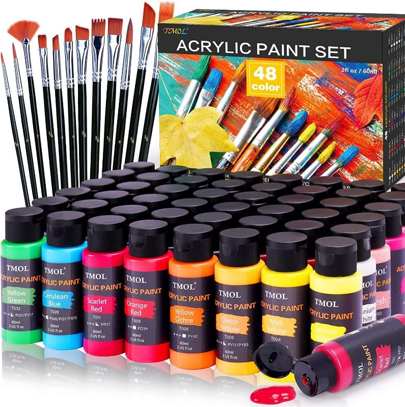 Photo 1 of Acrylic Paint Set, 48 Colors (2 oz/Bottle) with 12 Art Brushes, Art Supplies for Painting Canvas, Wood, Ceramic & Fabric, Rich Pigments Lasting Quality for Beginners, Students & Professional Artist NEW