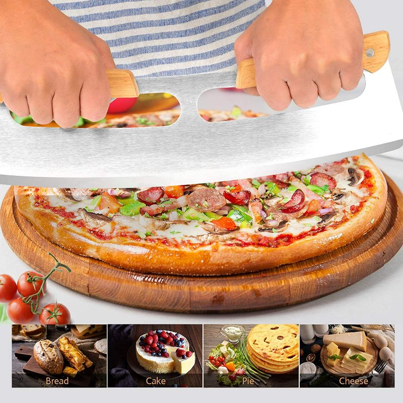 Photo 2 of Pizza Cutter Rocker with Wooden Handles, Sharp Stainless Steel Pizza Slicer Knife Blade Upgrade Accessories Chopper for Pie Pizza Making  NEW
