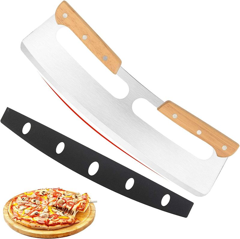 Photo 1 of Pizza Cutter Rocker with Wooden Handles, Sharp Stainless Steel Pizza Slicer Knife Blade Upgrade Accessories Chopper for Pie Pizza Making  NEW