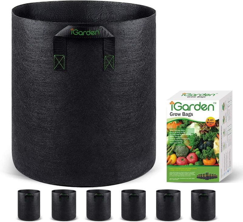 Photo 1 of iGarden Grow Bags Tall, 10 Gallon Grow Pots 6 Pack with Handles, Heavy Duty 320G Thickened Nonwoven Fabric Plant Bag for Vegetables  NEW 