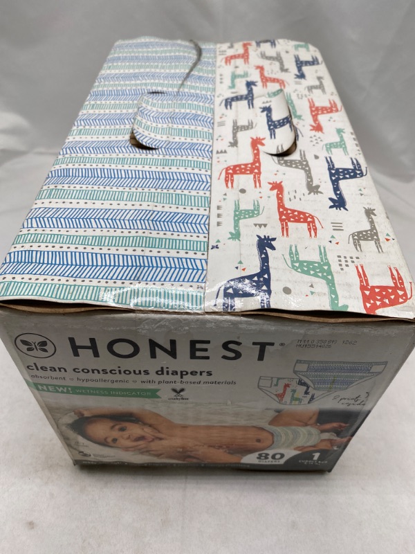 Photo 2 of The Honest Company Clean Conscious Diapers | Plant-Based, Sustainable | Dots & Dashes + Multi-Colored Giraffes | Club Box, Size 1 (8-14 lbs), 80 Count Size 1 Dots & Dashes + Multi-colored Giraffes NEW