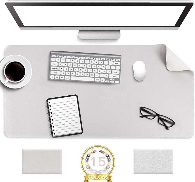 Photo 1 of Non-Slip Desk Pad, Waterproof PVC Leather Desk Table Protector, Ultra Thin Large Mouse Pad, Easy Clean Laptop Desk Writing Mat for Office Work/Home/Decor (Apricot Gray, 31.5" x 15.7") Gray 31.5" x 15.7" 