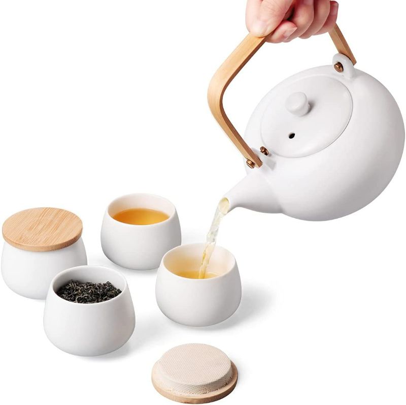 Photo 1 of 27oz Ceramic Teapot with 4 cups (no lids)  , Japanese Style Porcelain Tea Pot, Loose Leaf and Blooming Tea Maker Tea Caddy Cups Pottery Tea Sets with Bentwood Handle for Women Gift NEW