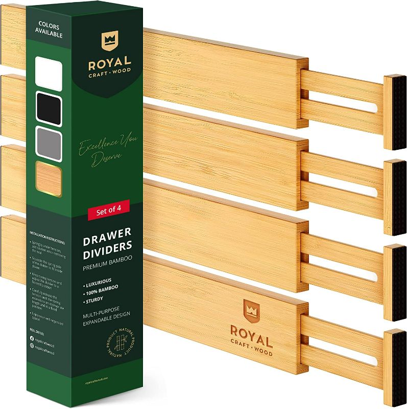 Photo 1 of ROYAL CRAFT WOOD Adjustable Bamboo Drawer Dividers Organizers (17" - 21.5") - Expandable Drawer Organization Separators for Kitchen, Clothes, Bedroom, 4-Pack, (Natural) NEW 