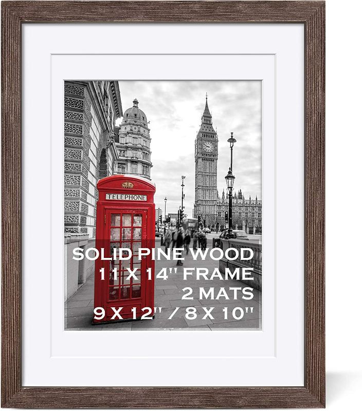 Photo 1 of 11x14 Rustic Picture Frames Solid Wood Distressed Brown Display Picture 9x12 or 8x10 with Mat or 11x14 Frame without Mat - Farmhouse Wooden Photo Frame 11x14 with 2 Mats for Wall Mounting or Table Top NEW 