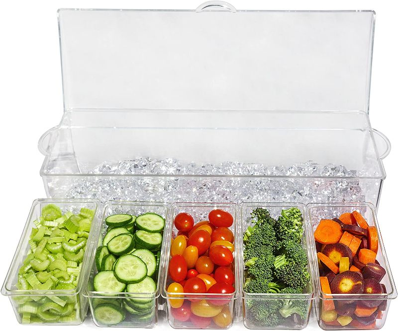 Photo 1 of Ice Chilled 5 Compartment Condiment Server Caddy - Serving Tray Container with 5 Removable Dishes with Over 2 Cup Capacity Each and Hinged Lid  NEW 