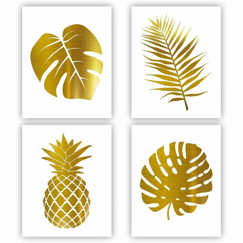 Photo 1 of Tropical Wall Decor - (Pack of 4) Gold Foil Art Prints UnframedPhotos of Pineapple Palm Leaves Aloha Hawaii Summer Botanical Plant NEW