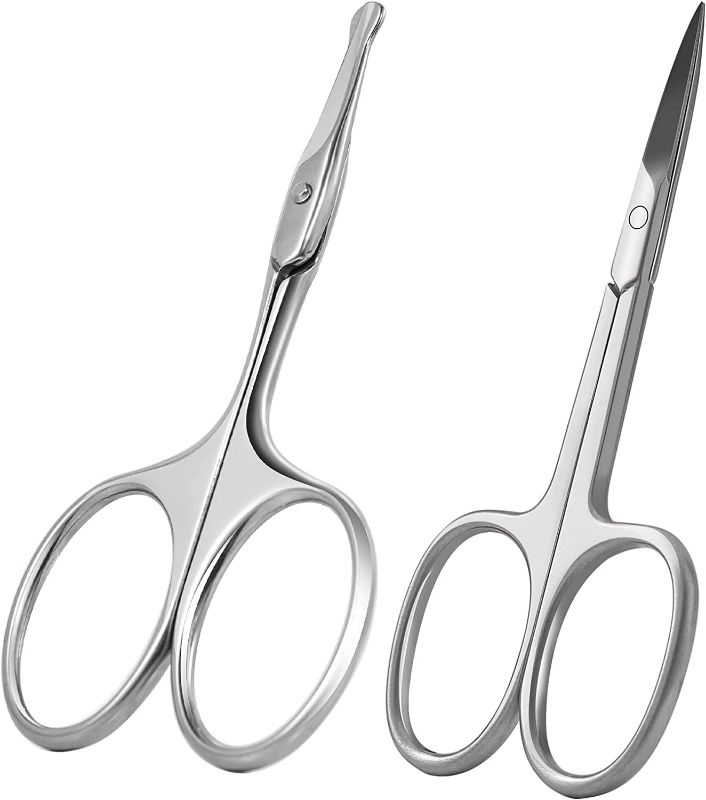 Photo 1 of 2 Pack FERYES Nose Hair Scissors and Eyebrow Scissors Set, 2PCS Beauty Scissor for Ear Hair, Mustache/Beard Trimming, Straight and Rouned Tip Small Facial Hair Grooming Scissors for Men and Women NEW 