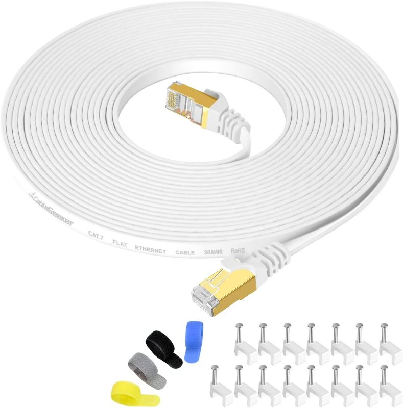 Photo 1 of Cat7 Shielded Ethernet Cable 25ft White (Highest Speed Cable) Flat Internet Network Cable with Snagless RJ45 Connector for Modem, Router, LAN, Computer + Free Clips and Straps NEW