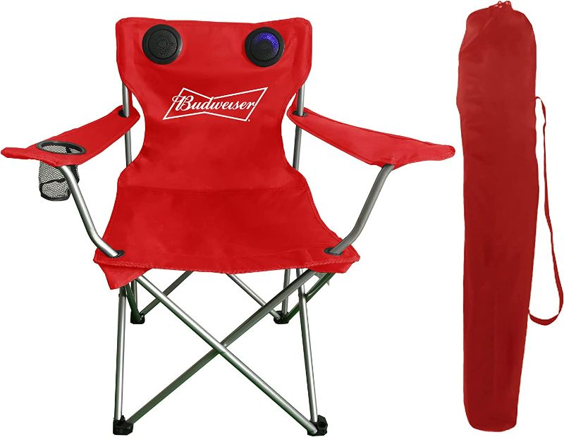 Photo 1 of Budweiser Foldable Tailgate Chair with Bluetooth Speakers, Beach/Tailgate/Picnic/Camping Chair with Cup Holder and Carry Case (Red) NEW