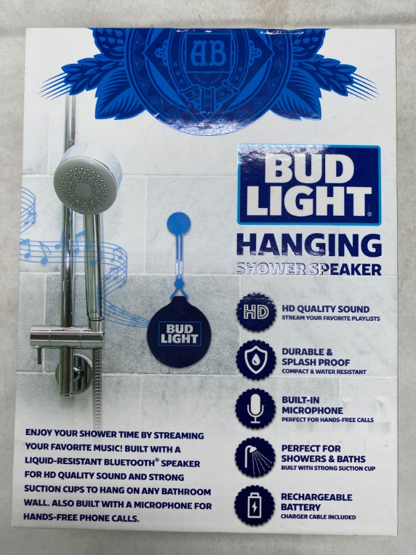Photo 2 of Bud Light Hanging Shower Speaker - HD Quality Sound - Durable & Splash Proof - Built in Microphone - Perfect for Showers & Baths - Rechargeable Battery