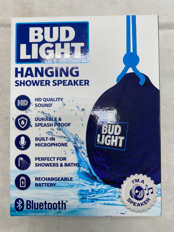 Photo 1 of Bud Light Hanging Shower Speaker - HD Quality Sound - Durable & Splash Proof - Built in Microphone - Perfect for Showers & Baths - Rechargeable Battery