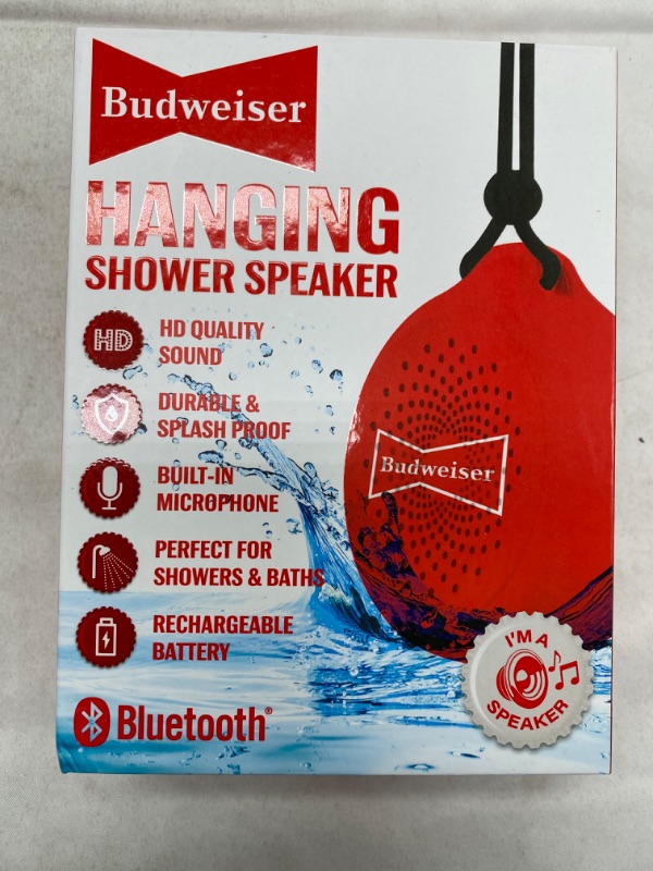 Photo 1 of Budweiser Hanging Shower Speaker - HD Quality Sound - Durable & Splash Proof - Built in Microphone - Perfect for Showers & Baths - Rechargeable Battery NEW 