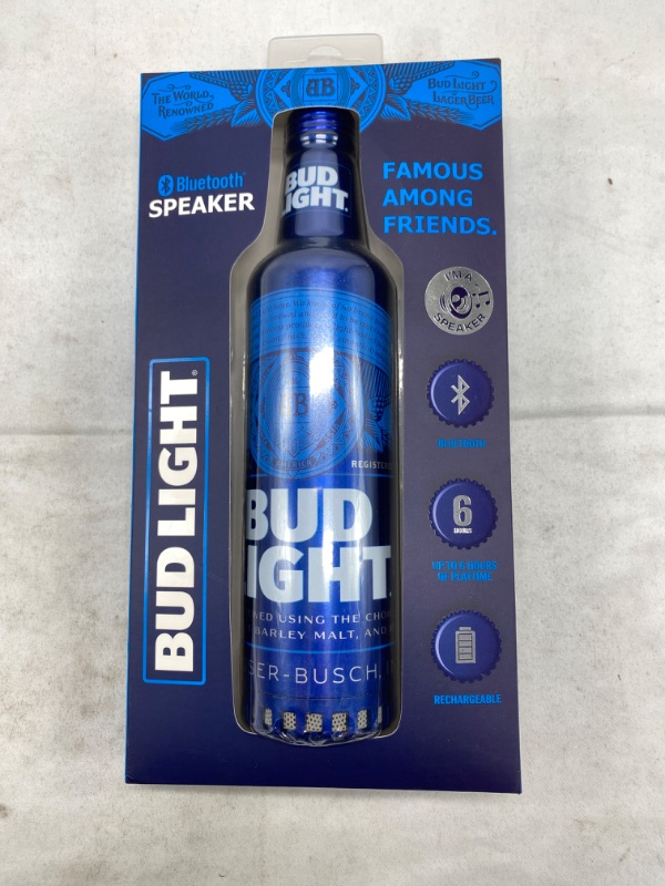 Photo 2 of Bud Light Aluminum Bottle Designed Bluetooth Speaker with a Rechargeable Battery and up to 6 Hours of Playtime NEW 