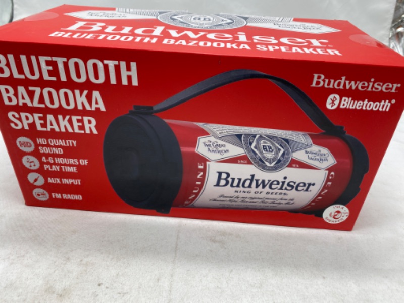 Photo 2 of Budweiser Bluetooth Speaker Bazooka Speaker Portable Wireless Speaker with Rechargeable Battery Ideal for Indoor and Outdoor Activities Loud and Bass Audio Sound Easy to Carry Anywhere with FM- Radio NEW