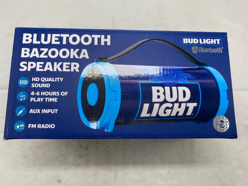Photo 2 of Bud Light Bluetooth Speaker Bazooka Speaker Portable Wireless Speaker with Rechargeable Battery Ideal for Indoor and Outdoor Activities Loud and Bass Audio Sound Easy to Carry Anywhere with FM- Radio NEW