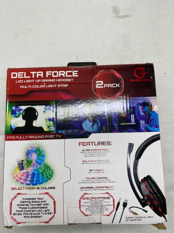 Photo 2 of 2 Pack Delta Force LED Light up Gaming Headset 6ft Cable+ Multi Color Light Strip 15ft,  NEW