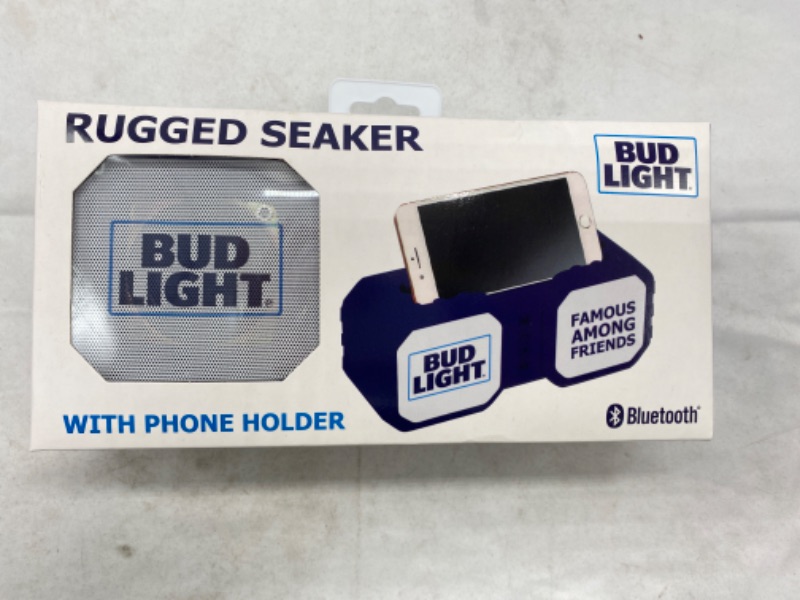 Photo 2 of Bud Light Rugged Bluetooth Speaker with Phone Holder - Water Resistant - Phone Holder - Micro SD Card Reader - FM Radio - Carrying Handle - Bluetooth Speaker NEW
