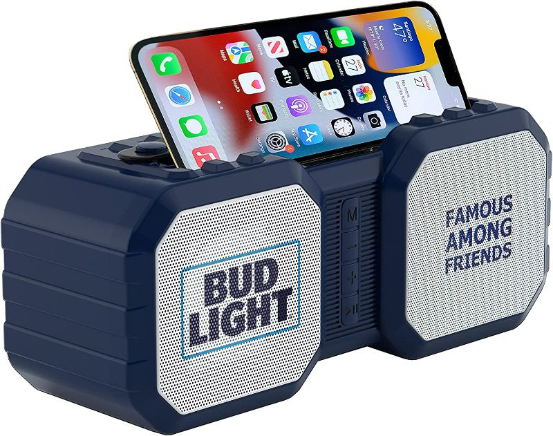 Photo 1 of Bud Light Rugged Bluetooth Speaker with Phone Holder - Water Resistant - Phone Holder - Micro SD Card Reader - FM Radio - Carrying Handle - Bluetooth Speaker NEW