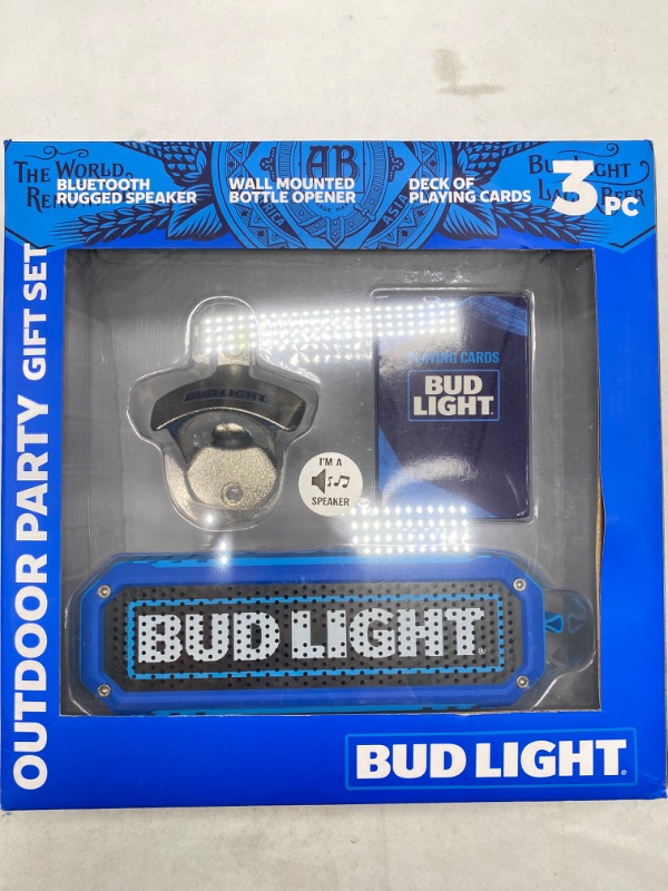 Photo 1 of Bud Light Outdoor Party Gift Set , Blurtooth  Rugged Speaker, Wall Mount Bottle Opener, Deck of Playing Cards NEW 