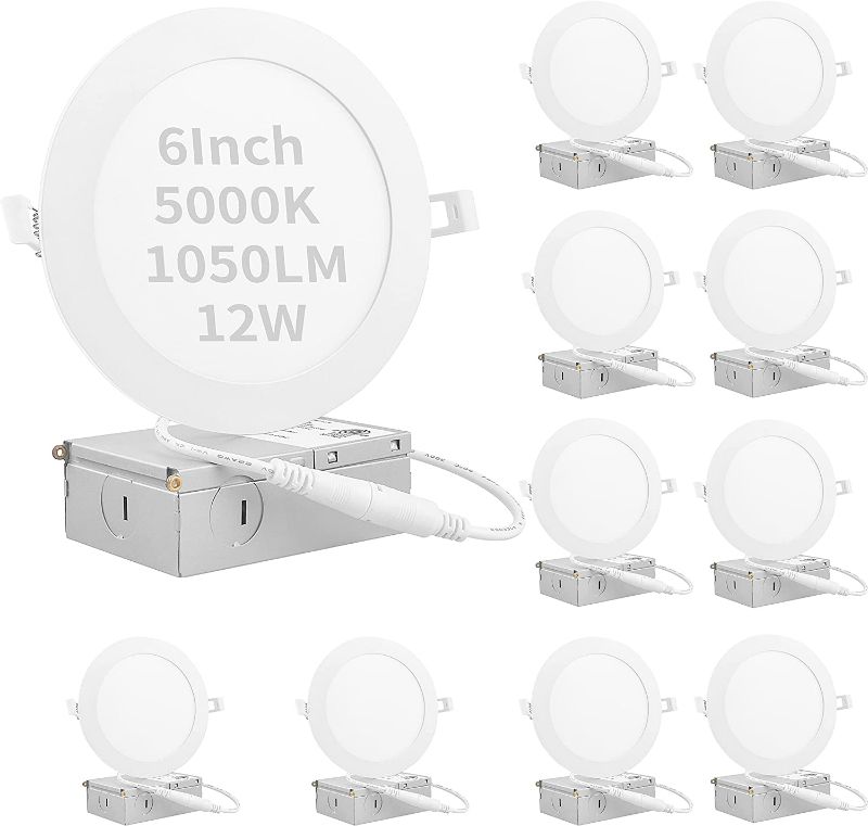 Photo 1 of KSIPZE 10 Pack 6 Inch Ultra-Thin LED Recessed Lighting Ceiling Lights Dimmable Downlight 5000K Daylight, 12W 110W Eqv 1050LM ,Ceiling Light with Junction Box ETL and Energy Star Certified NEW