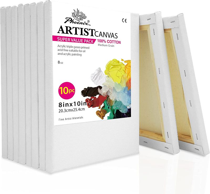 Photo 1 of PHOENIX Stretched Canvas for Painting 8x10 Inch/10 Value Pack, 8 Oz Triple Primed 5/8 Inch Profile 100% Cotton White Blank Canvas, Artist Framed Canvas for Oil Acrylic & Pouring Art