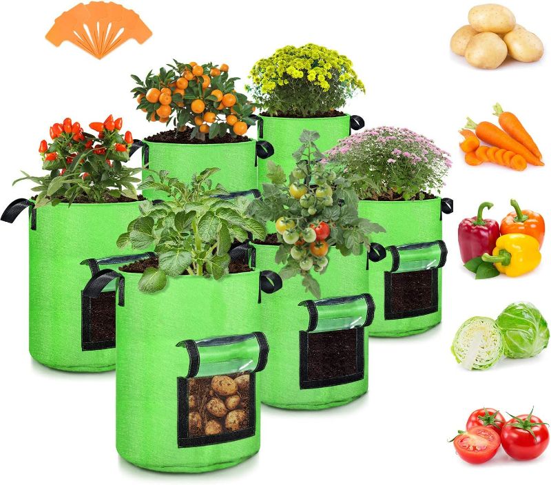 Photo 1 of 10 Gallon Potato Grow Bags, 6 Pack, Two-Sides Window Garden Planting Bag with Durable Handle, Thickened Nonwoven Fabric Pots Vegetable Grow Bags for Tomato, Carrot, Onion, Fruits, Flower (BLACK) NEW 