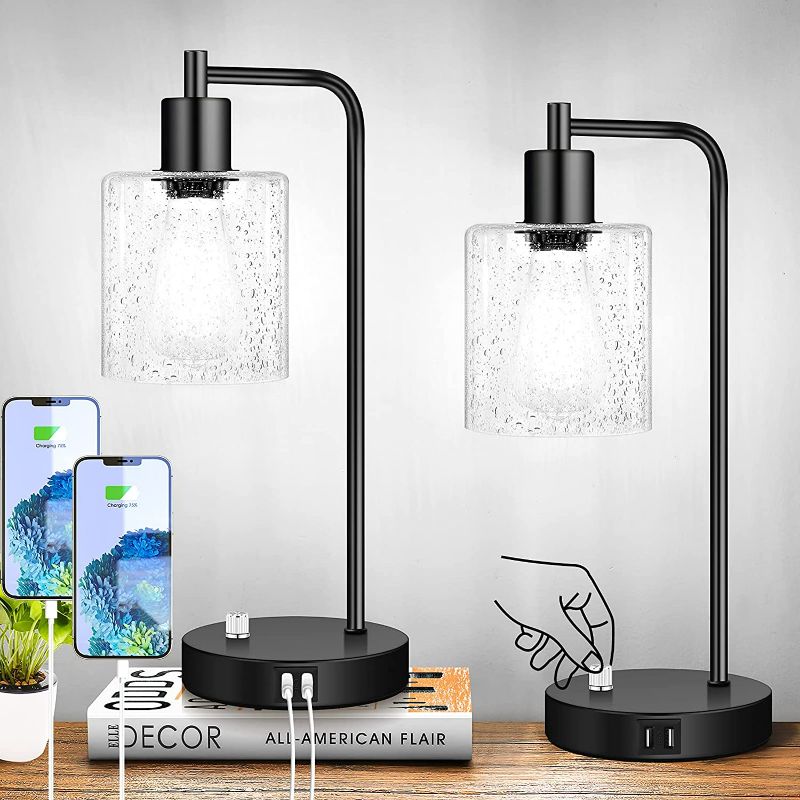 Photo 1 of Set of 2 Fully Stepless Dimmable Industrial Table Lamps with 2 USB Ports & AC Outlet, Bedside Nightstand Desk Lamps with Seeded Glass Shades for Bedroom Dorm Living Room, 2 7W 5000K LED Bulbs Included NEW 