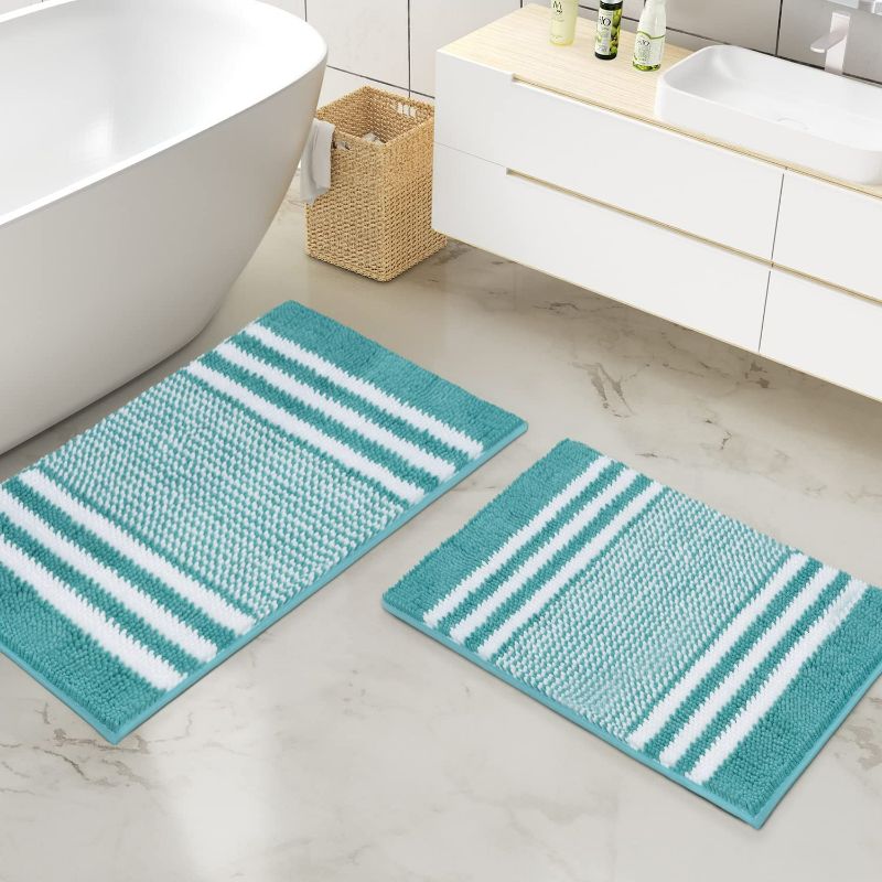 Photo 1 of Bathroom Rugs Set 2 Piece, Extra Soft and Absorbent Fluffy Striped Chenille Bath Mat Rug Set, Non Slip Bathroom Floor Mat, Machine Washable (20" x 32" Plus 20" x 32",BLUE) 20" x 32" Plus 20" x 32" BLUE NEW 