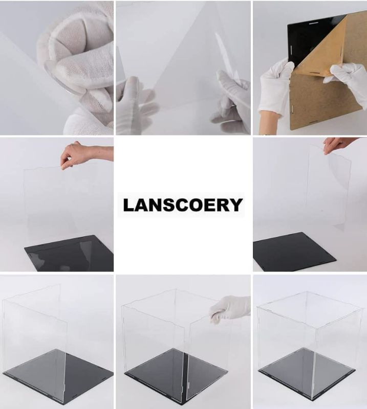 Photo 2 of LANSCOERY Clear Acrylic Display Case for Collectibles, Assemble Cube Display Box Stand Dustproof Protection Showcase for Action Figures Toys (7x7x7inch; 18x18x18cm) NEW 