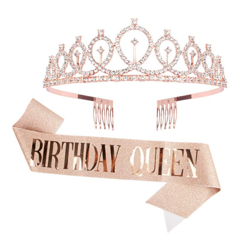 Photo 1 of CIEHER Birthday Queen Sash & Rhinestone Tiara Kit, Birthday Crowns for Women Birthday Crown Birthday Tiaras and Crowns Rose Gold Birthday Tiara Crowns for Women Girls Birthday Gift Birthday Decorations Party Favors NEW