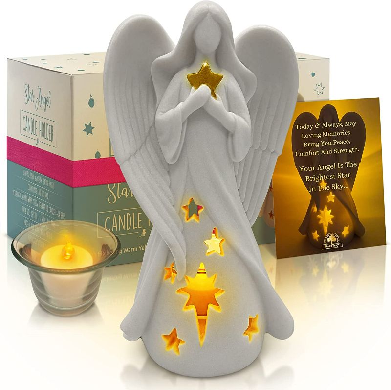 Photo 1 of OakiWay Memorial Gifts - Star Angel Figurines Tealight Candle Holder, Sympathy Gifts for Loss of Loved One, W/ Flickering Led Candle, Bereavement, Grief, Funeral, Remembrance, Memory Home Decorations NEW 