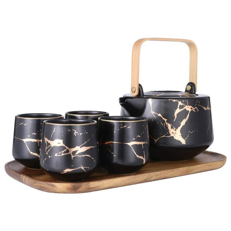 Photo 1 of Sunddo Black Marble Tea Service Set Ceramic Large Tea Pot, 4-Piece Tea Cups with Wooden Tray - Modern Teapot, Tea Cups Set for Home and Office NEW 