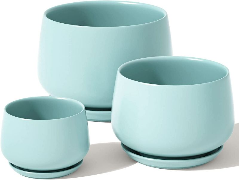 Photo 1 of LE TAUCI Plant Pots, 4.1+5.1+6.5 inch, Set of 3, Ceramic Planters with Drainage Hole and Saucer, Indoor Flower Pot with Hole Mesh Pad, Gifts for Mom, Turquoise NEW