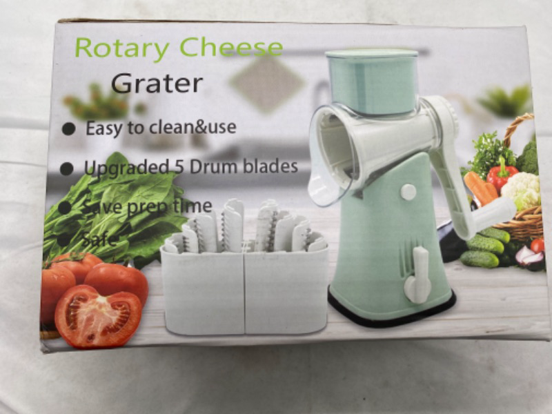 Photo 1 of Rotary Cheese Grater Shredder 5-in-1 Tumbling Box Mandoline Vegetable Julienne Slicer Waffle Cutter Nut Chopper with Handle and Strong Suction Base  Green NEW 