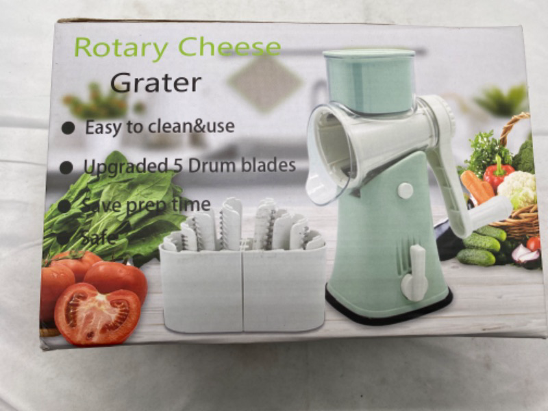 Photo 2 of Rotary Cheese Grater Shredder 5-in-1 Tumbling Box Mandoline Vegetable Julienne Slicer Waffle Cutter Nut Chopper with Handle and Strong Suction Base  Green NEW 