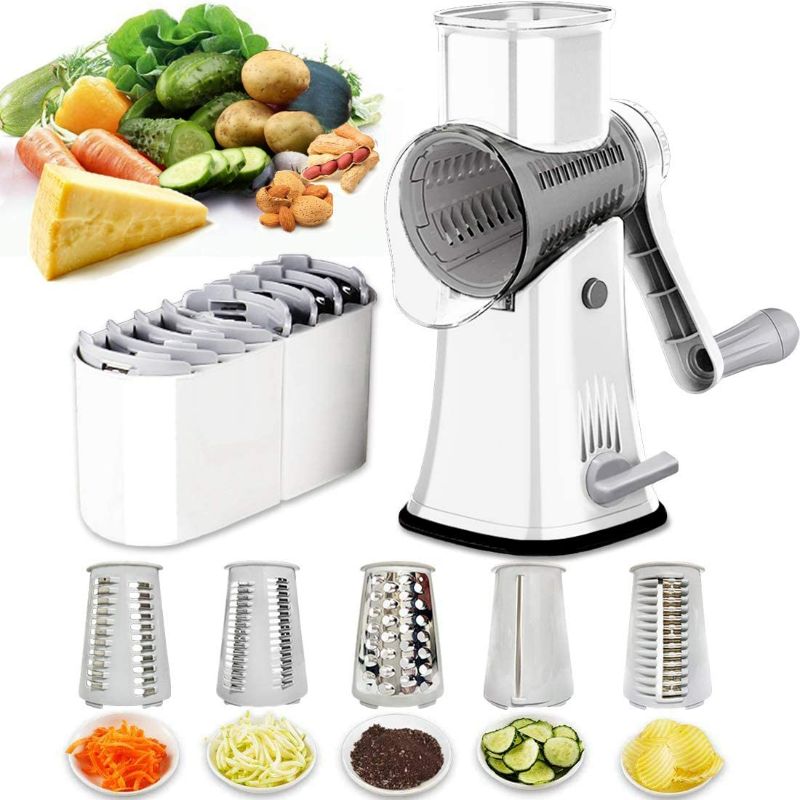 Photo 1 of Rotary Cheese Grater Shredder 5-in-1 Tumbling Box Mandoline Vegetable Julienne Slicer Waffle Cutter Nut Chopper with Handle and Strong Suction Base  Green NEW 