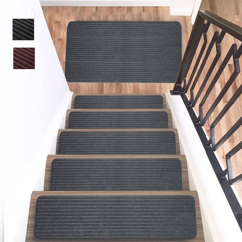 Photo 1 of Homluck [Upgraded] Stair Treads Carpet Non Slip Indoor, Self-Adhesive Stair Runners for Wooden Steps, Stair Rugs for Dogs Elders and Kids, 15-Pack, 8" X 30", Grey (Check Second image for the actual design) New 