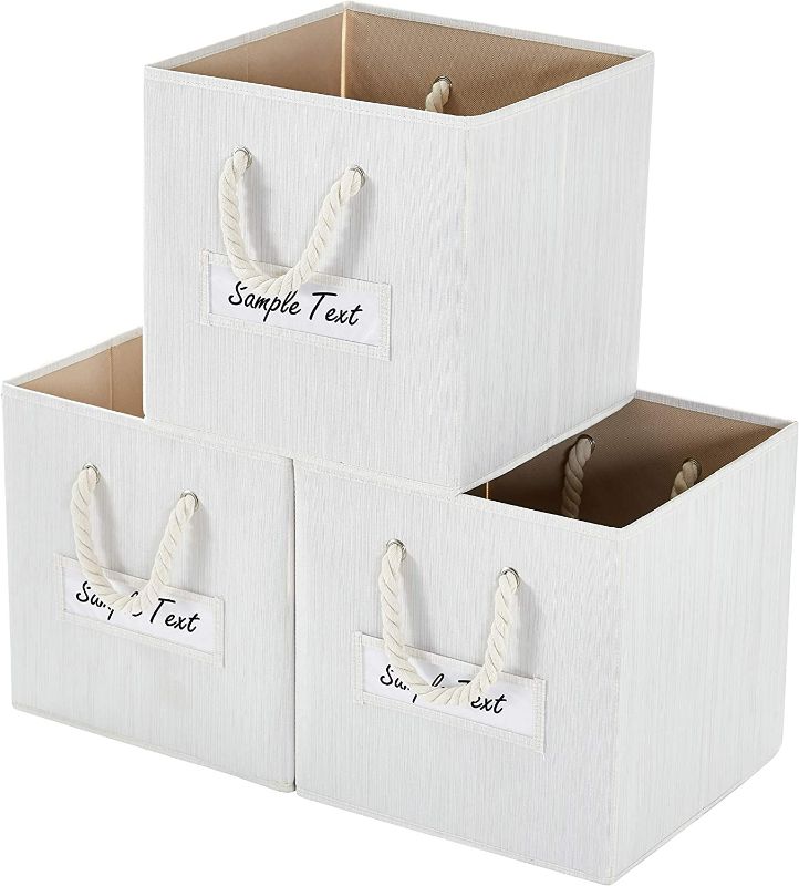 Photo 1 of Hadioo 3 Pack Foldable Bamboo Fabric Storage Bins for Cube Organizer with Cotton Rope Handles, Collapsible Basket Box Organizer for Shelves and Closet- Beige 13x13x13 inch NEW