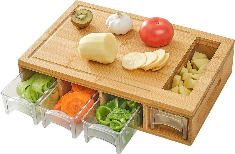Photo 1 of Bamboo Cutting Board with 5 Containers, Large Chopping Board with Juice Grooves, Easy-grip Handles & Food Sliding Opening, Carving Board with Trays for Food Storage, Transport and Cleanup NEW 