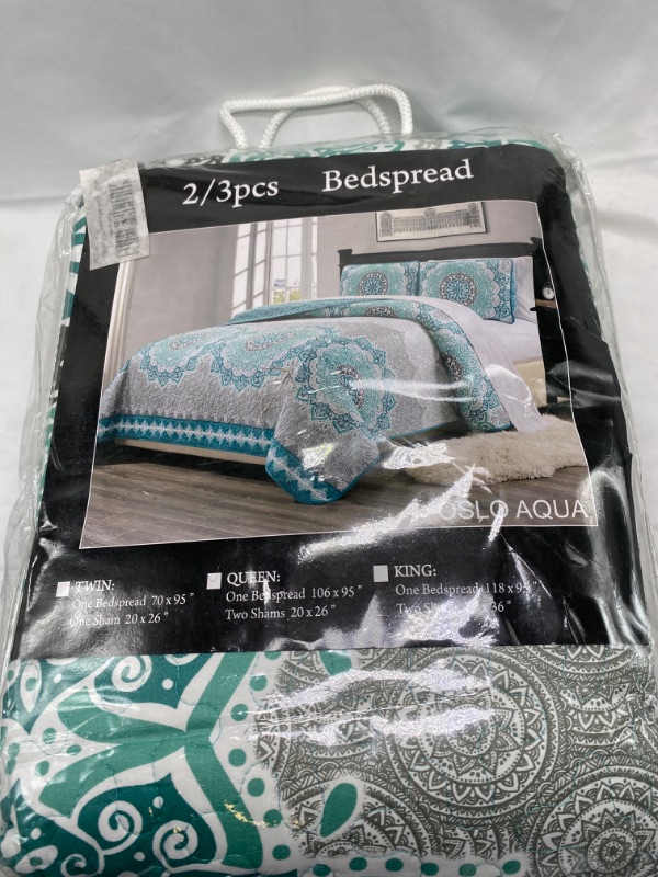 Photo 2 of Mk Collection 3pc Full/Queen Size Bedspread Quilt Over Size 106" x 95" Aqua Turquoise Coastal Plain Grey Green White Elegant Design # Oslo Aqua Aqua Full/Queen NEW