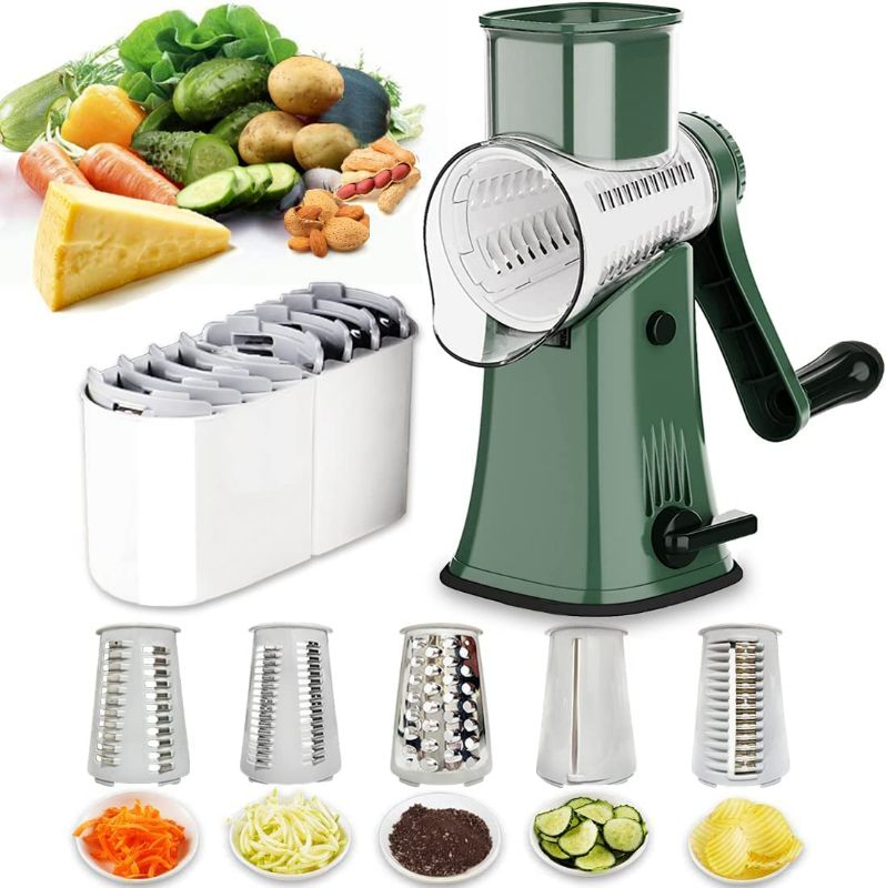 Photo 1 of Manual Rotary Cheese Grater - Round Mandoline Slicer with Strong Suction Base, Vegetable Slicer Nuts Grinder Cheese Shredder Green NEW