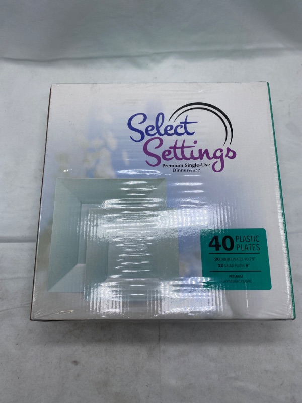 Photo 2 of Select Settings premium single-use dinnerware [40 COUNT] White Square Disposable Plastic Plates - Includes 20 Dinner Plates and 20 Salad Plates NEW
