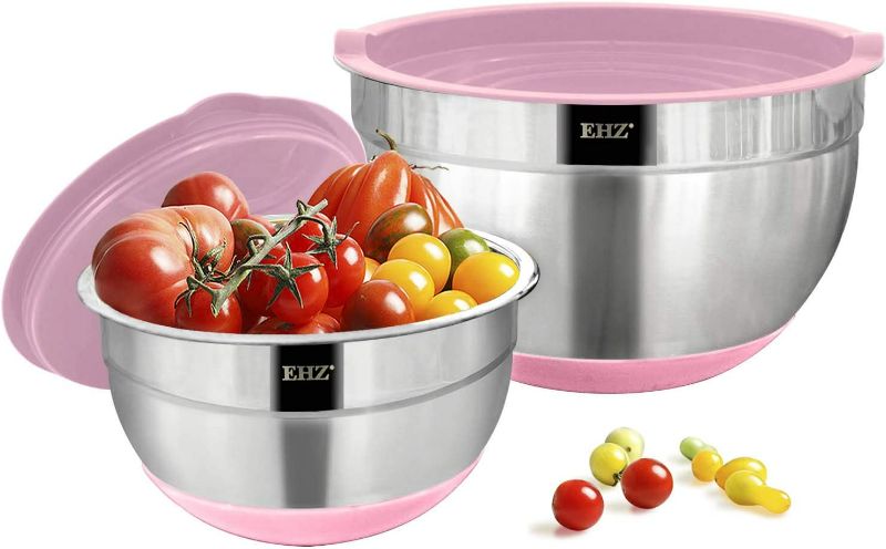 Photo 1 of EHZ Mixing Bowls Stainless Steel Prep Salad Bowl Set with Lids 1&4 QT Non-slip Silicone Bottom Nesting Mixing Bowl for Cooking, Baking, Prepping & Food Storage (Pink-4pcs) new