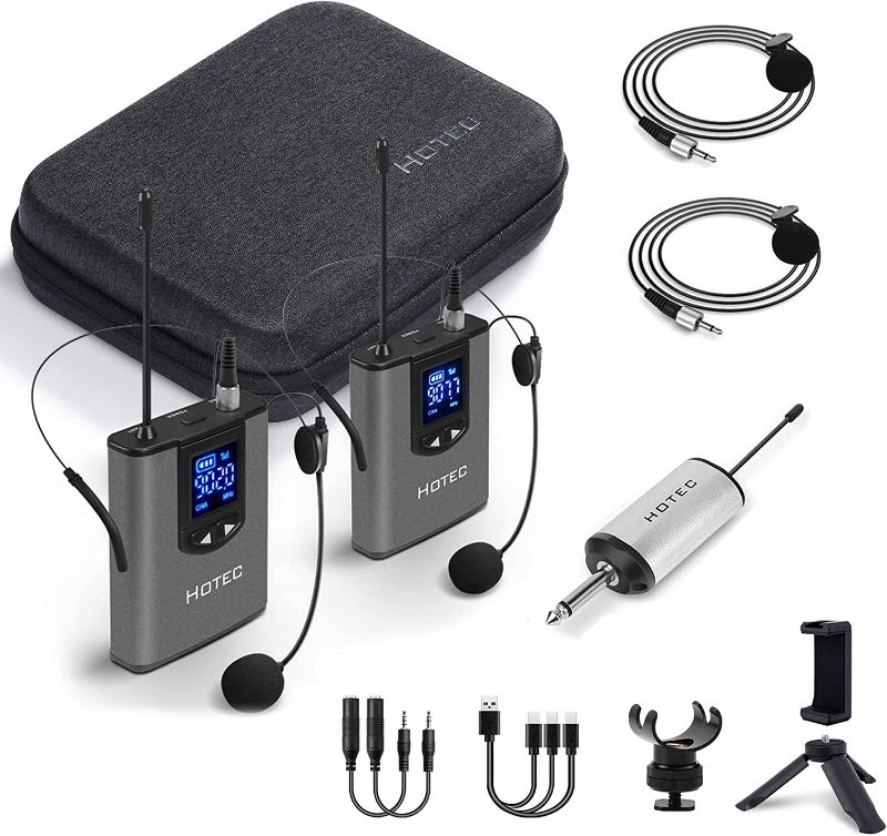 Photo 1 of HOTEC Wireless Dual Headset Microphones/Lavalier Lapel Mics Include Storage Case, Bodypack Transmitters and One Mini Rechargeable Receiver  NEW