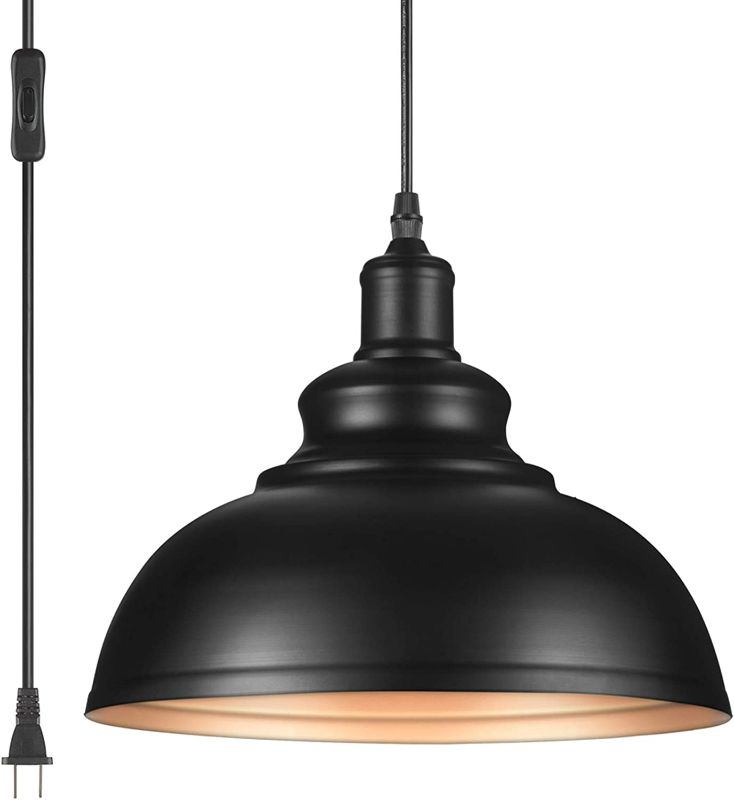 Photo 1 of YeLEEiNO Indoor Pendant Lamp, Retro Black Finish E26 1-Light Ceiling Pendant Light Hanging Light Fixture Plug in Cord with On/Off Switch NEW 