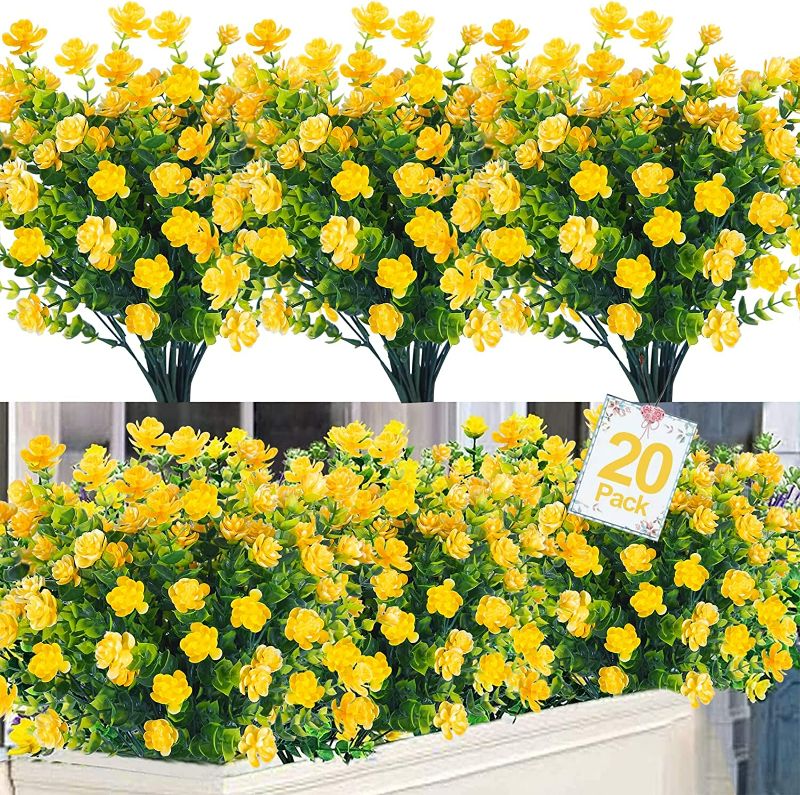 Photo 1 of Dreamfun 20 Bundles Outdoor Artificial Flowers Plants Decoration - UV Resistant Plastic Flowers for Outside Faux Plants Fake Landscape Flowers Greenery Shrub Plants for Party Home Garden Decor(Yellow) NEW 
