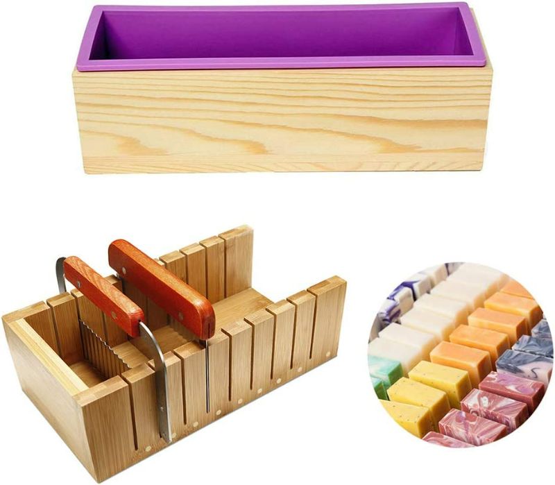 Photo 2 of Soap Loaf Making Cutting Molds Kit with Silicone Mold + Wood Box + Wooden Cutter Mold + Straight Wavy Stainless Steel Cutters Slicer NEW