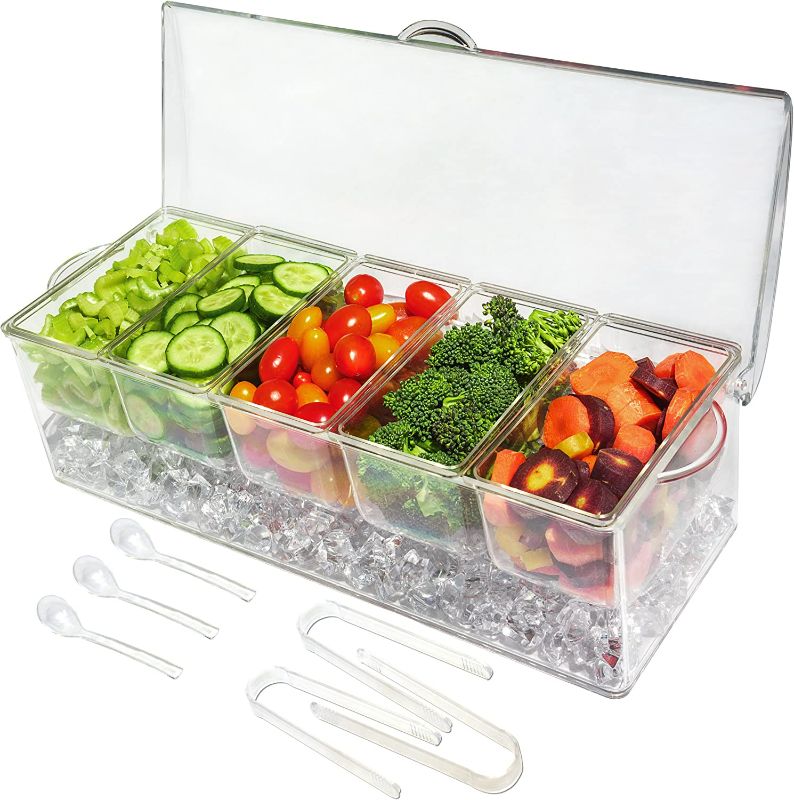 Photo 1 of Ice Chilled 5 Compartment Condiment Server Caddy - Serving Tray Container with 5 Removable Dishes with Over 2 Cup Capacity Each and Hinged Lid | 3 Serving Spoons + 3 Tongs Included NEW 
