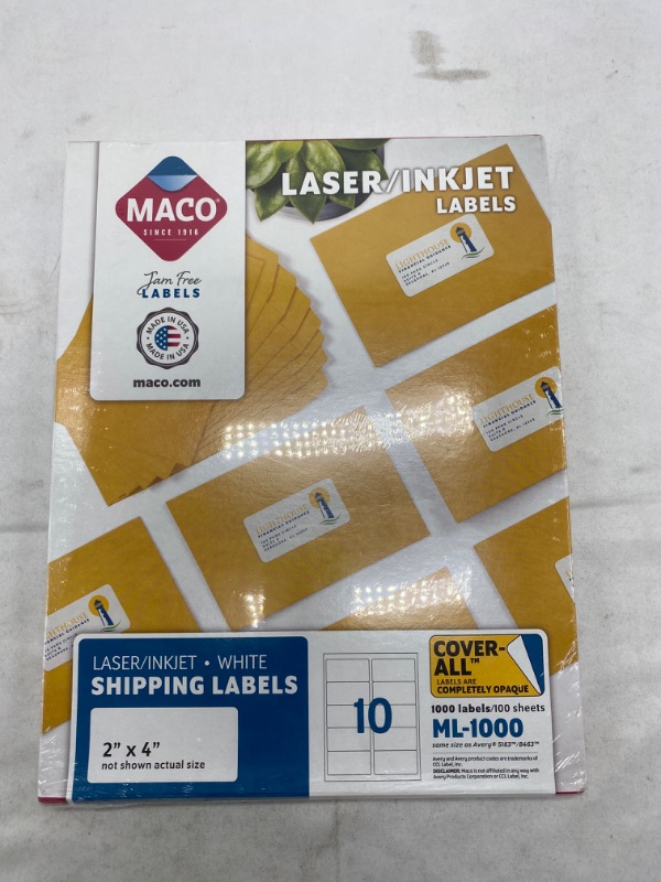 Photo 2 of MACO Laser/Ink Jet White COVER-ALL Shipping Labels, 2" x 4", 10 per Sheet, 1000 Labels/ 100sheets   (ML-1000) NEW 